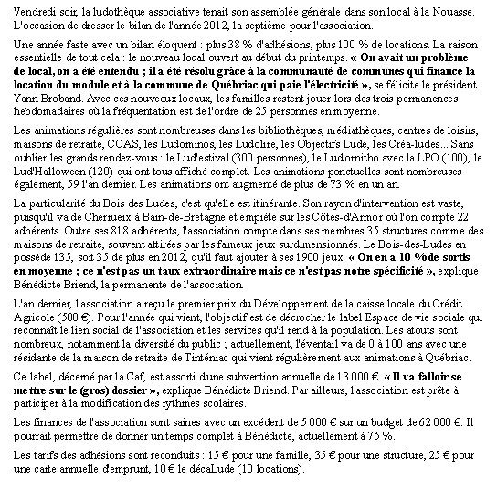 Article Ouest France du 18/02/13
